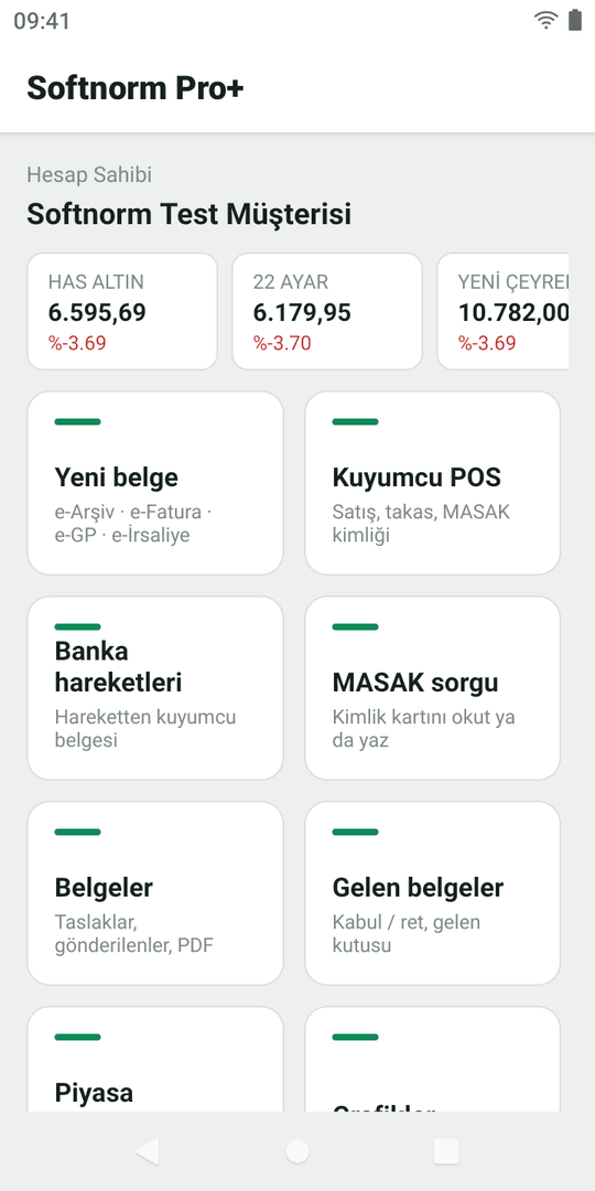 Ana sayfa: canlı has altın, 22 ayar ve çeyrek kurları; Yeni belge, Kuyumcu POS, Banka hareketleri, MASAK sorgu, Belgeler, Gelen belgeler, Piyasa, Grafikler ve Raporlar kutucukları.