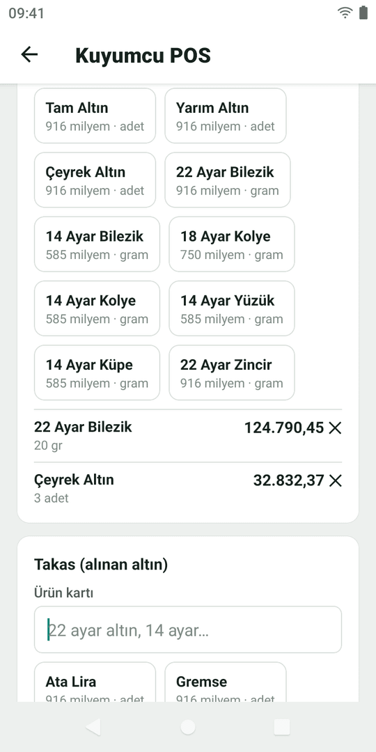 Kuyumcu POS: satış sepetinde 22 Ayar Bilezik 20 gram ve 3 Çeyrek Altın; satış, takas ve tahsil edilecek tutar.